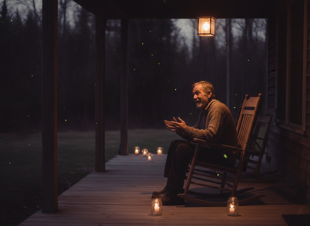 A man on a porch at dusk telling a story, leaning forward in a rocking chair under a single porch lamp