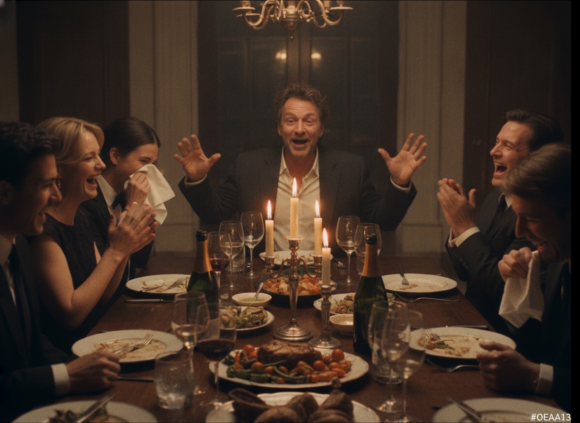 A dinner table mid-story, every guest crying with laughter, candles and wine glasses
