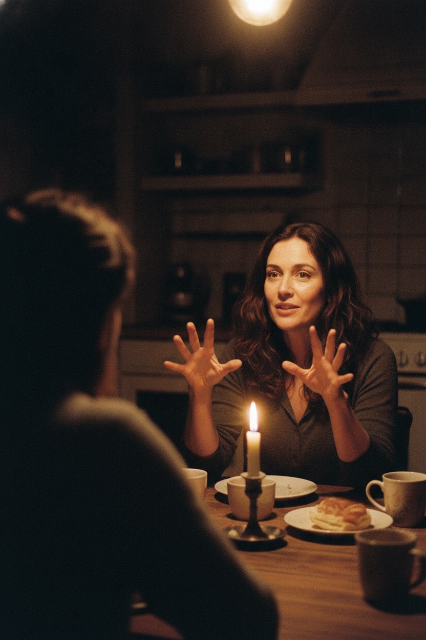 A woman telling her story at a kitchen table at night, warm lamplight
