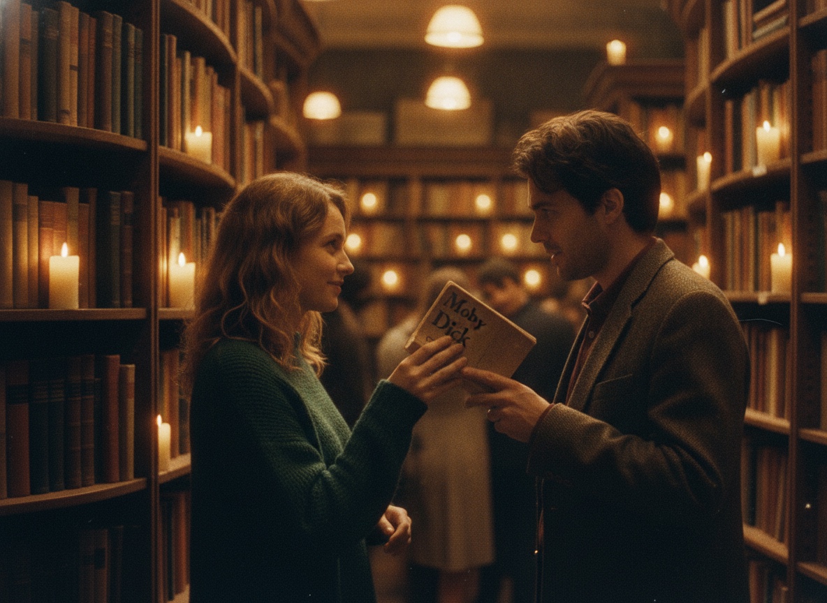 Two strangers in a crowded second-hand bookshop reaching for the same paperback, eyes just meeting