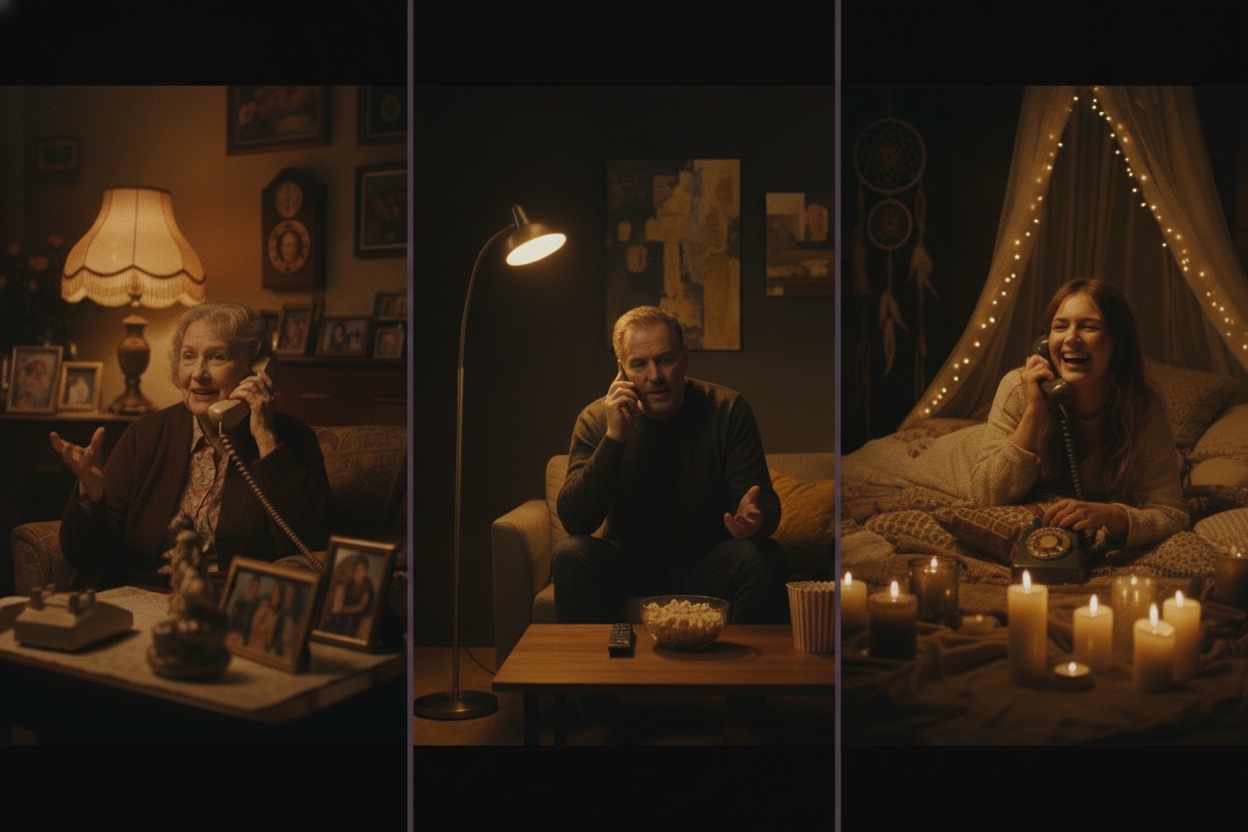 Split frame of three family members in three different rooms, each mid-interview, lit by their own lamp