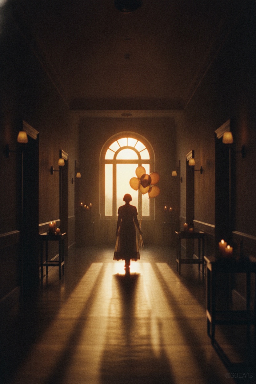 Film poster: a hospital hallway at dawn, a figure walking toward bright window light holding balloons
