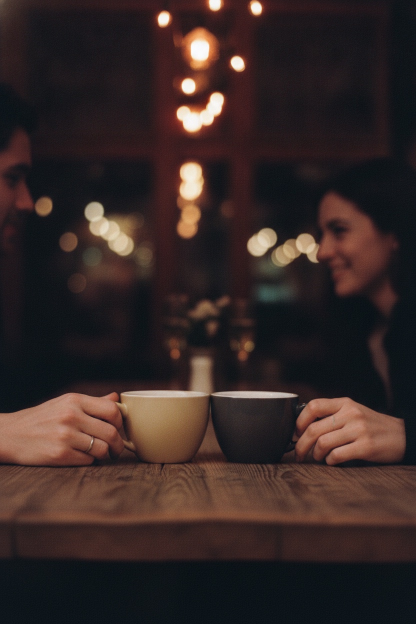 Two coffee cups touching on a café table under string lights, two pairs of hands almost meeting