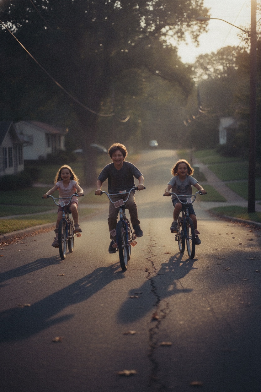 Film poster: kids on bikes racing down a suburban hill at summer dusk