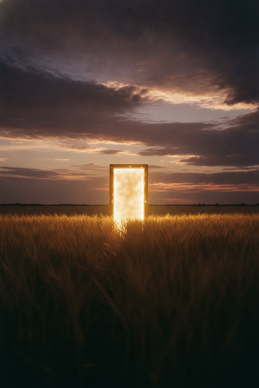 A lone glowing doorway in a wheat field under a violet dusk sky, surreal and inviting