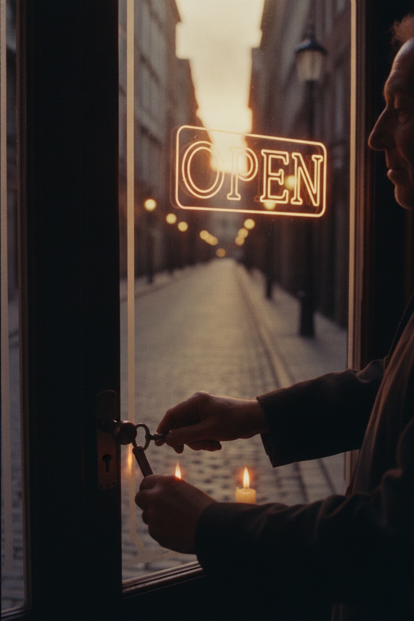 Hands turning a key in a shop door at dawn, OPEN sign silhouetted, first light down an empty street