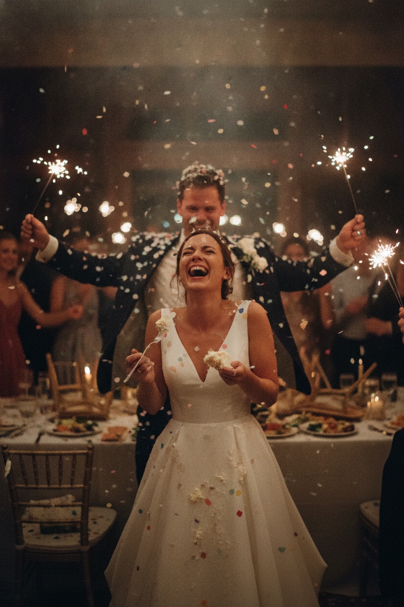 Film poster: a wedding gone sideways, bride laughing uncontrollably, groom covered in confetti and cake